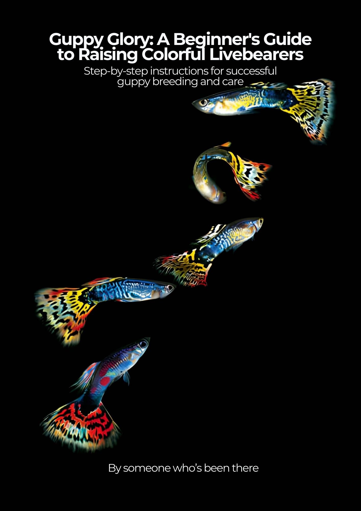 Book cover of 'Guppy Glory: A Beginner's Guide to Raising Colorful Livebearers' with guppy fish illustrations on a black background.
