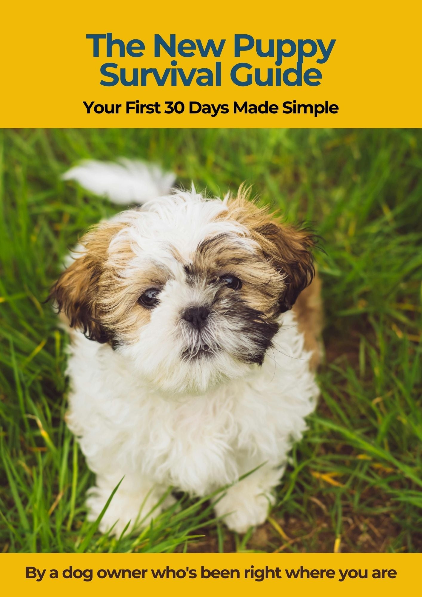 New Puppy Survival Guide PDF cover showing puppy in grass - puppy training guide for new dog owners